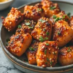 Close-up of golden-brown Air Fryer Honey Garlic Salmon Bites on a rustic wooden table.