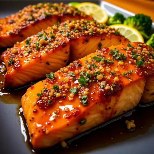 Close-up of baked salmon fillets drizzled with honey garlic sauce, garnished with green onions.