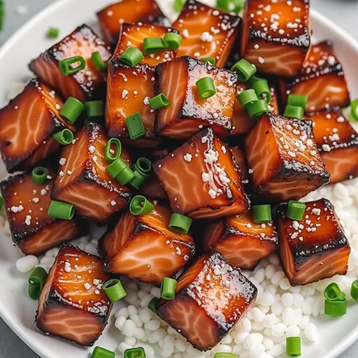 Close-up of honey garlic salmon bites coated in a glossy sauce, garnished with green onions.