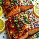 Close-up of honey garlic salmon fillets drizzled with sauce, garnished with green onions.