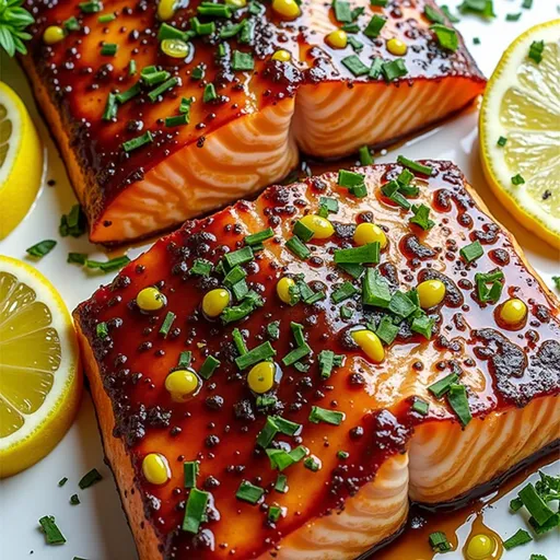 Weeknight Magic: Air Fryer Honey Garlic Salmon That Dances on Your Palate Close-up of honey garlic salmon fillets drizzled with sauce, garnished with green onions.
