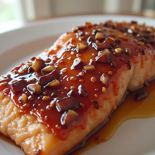 A Quick and Tasty Honey Garlic Salmon That Will Steal Your Heart A close-up shot of honey garlic salmon fillet garnished with green onions, illuminated by soft natural light.