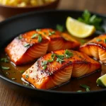 Close-up of honey garlic salmon fillets garnished with parsley and sesame seeds on a wooden surface.