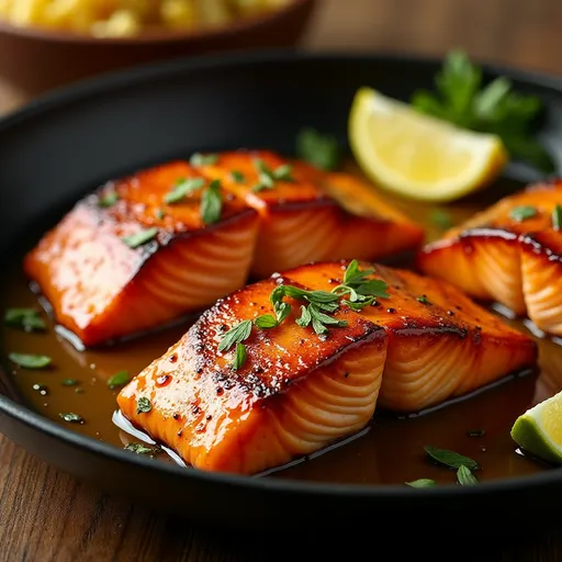 One-Pan Honey Garlic Salmon: A Sweet Escape to Dinner Bliss Close-up of honey garlic salmon fillets garnished with parsley and sesame seeds on a wooden surface.