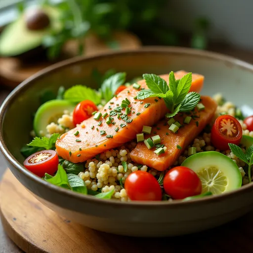 A Bowl of Joy: The Salmon Avocado Quinoa Salad That Brightens My Day A close-up view of a vibrant salmon avocado quinoa salad bowl with colorful ingredients.