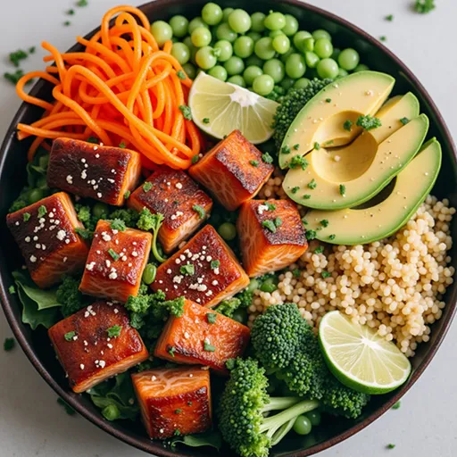 A Wholesome Salmon Bowl That Will Make Your Taste Buds Dance Close-up of a Honey Garlic Salmon Bites Bowl with salmon, quinoa, broccoli, and avocado.