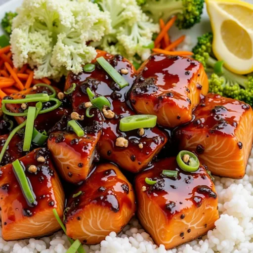 A Wholesome Bowl of Happiness: My Honey Garlic Salmon Rice Bowls Close-up of honey garlic salmon rice bowl with broccoli and carrots.