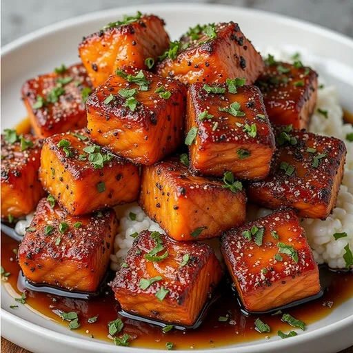 Sweet and Savory Salmon Bites: A Recipe That Dances on Your Taste Buds Close-up of Honey Garlic Salmon Bites garnished with chives and lemon wedges.