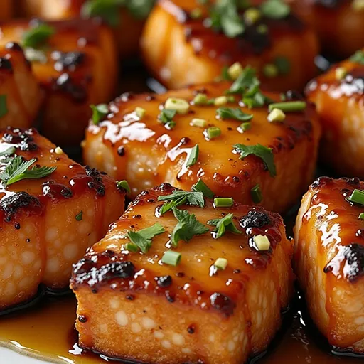 Close-up of golden brown crispy salmon bites drizzled with honey garlic glaze.