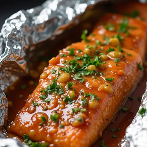 A Little Foil, A Lot of Flavor: My Honey Garlic Salmon Recipe Close-up of honey garlic salmon fillet baked in foil, garnished with lemon and parsley.