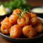 Close-up of golden-brown honey garlic salmon bites garnished with green onions.