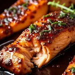 Close-up of honey garlic glazed salmon fillet topped with sesame seeds and green onions.