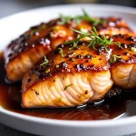 A close-up of a perfectly cooked Honey Garlic Salmon fillet drizzled with sauce, garnished with green onions.