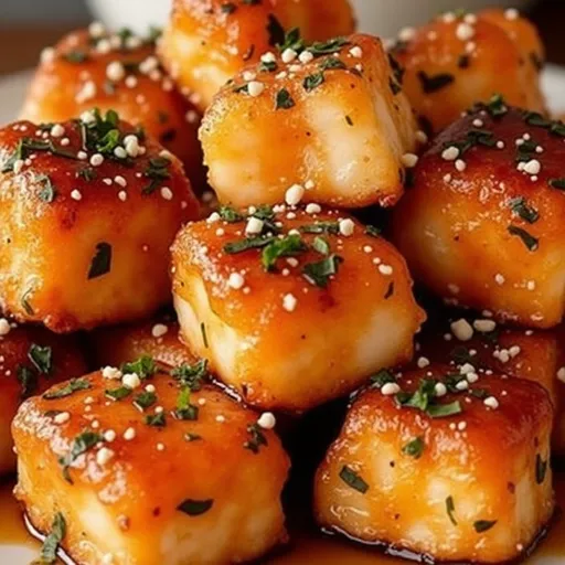 Close-up of crispy honey garlic salmon bites garnished with sesame seeds and green onions.