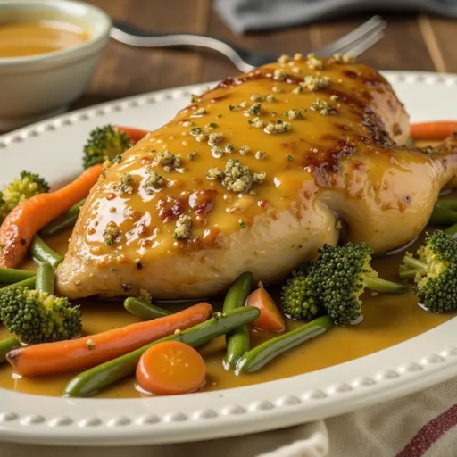 Close-up of baked chicken breasts glazed with honey Dijon sauce, garnished with parsley.