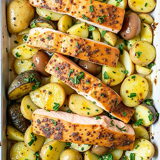 Close-up of Honey Garlic Salmon with sliced potatoes, garnished with parsley, in warm light.