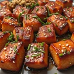 Close-up of crispy honey garlic salmon bites garnished with sesame seeds and green onions.