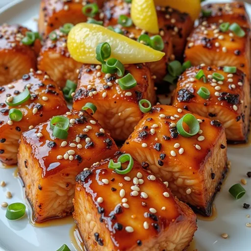 Crispy Honey Garlic Salmon Bites: A Flavor Adventure You Won’t Forget Close-up of crispy salmon bites drizzled with honey garlic sauce, garnished with green onions.