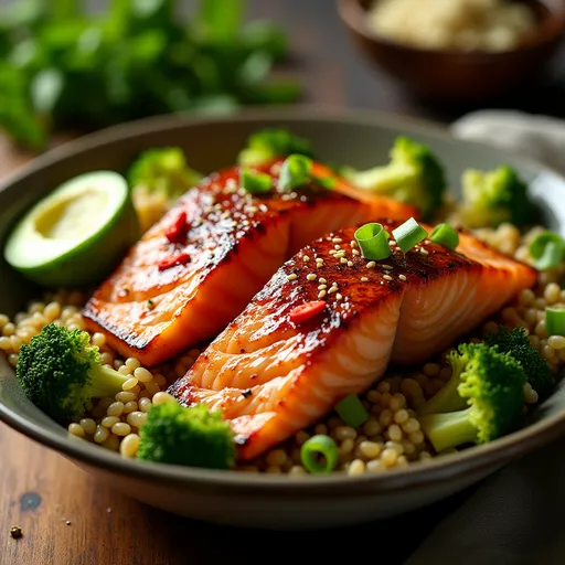 A Flavorful Escape: Dive into My Spicy Honey Balsamic Salmon Bowls A close-up of Spicy Honey Balsamic Salmon Bowls featuring salmon, quinoa, steamed broccoli, avocado, and garnishes.