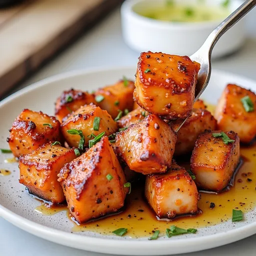 Catch the Flavor Wave: Sweet & Spicy Air Fryer Salmon That Dances on Your Taste Buds Close-up shot of air fryer salmon glazed with sweet and spicy sauce, garnished with lemon wedges.