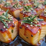 Close-up of Honey Butter Garlic Glazed Salmon Bites on a rustic plate.