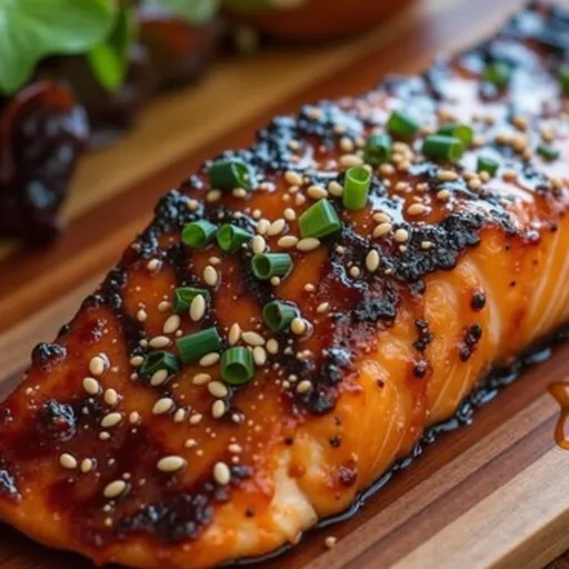 A Sweet and Spicy Adventure: Grilled Salmon That Dances on Your Taste Buds Close-up of grilled salmon fillet glazed with a sweet and spicy sauce, garnished with sesame seeds and chopped green onions.