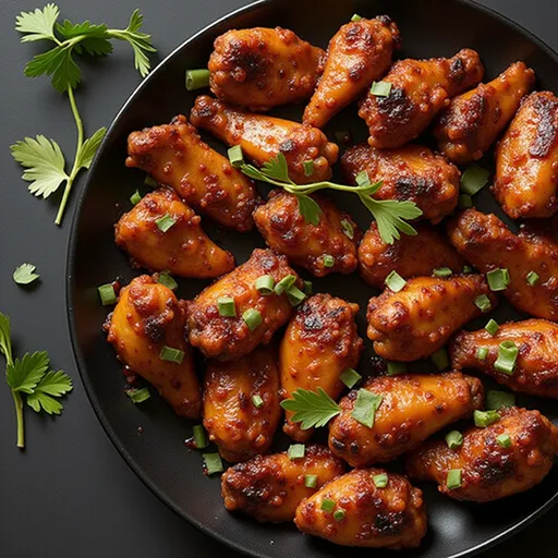 Wings That Bring the Heat and a Touch of Sweetness Close-up of Sweet and Spicy Chicken Wings on a plate, garnished with cilantro.