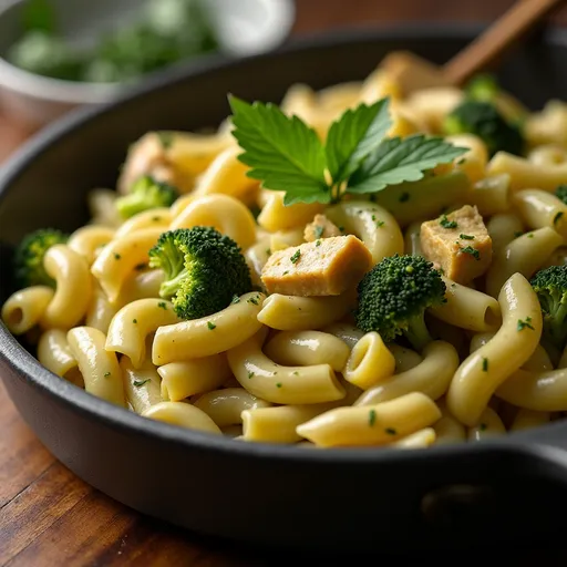 A Cozy Pasta Bake That Brings Family Together Close-up view of a creamy pesto chicken and broccoli pasta bake with melted cheese on top.