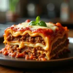 Close-up of a golden-brown classic lasagna layered with meat, cheese, and rich marinara sauce.