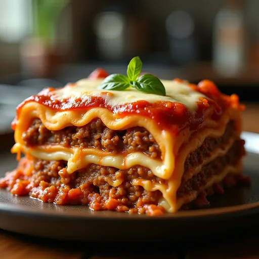 Lasagna Magic: A Heartfelt Recipe That Brings Everyone Together Close-up of a golden-brown classic lasagna layered with meat, cheese, and rich marinara sauce.