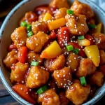 A close-up shot of crispy Sweet & Sour Chicken served with vibrant bell peppers and pineapple chunks.