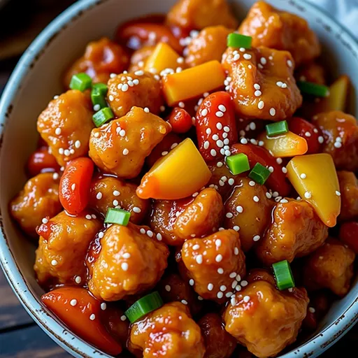 Crispy Desi-Chinese Sweet & Sour Chicken: A Flavor Adventure for Your Taste Buds A close-up shot of crispy Sweet & Sour Chicken served with vibrant bell peppers and pineapple chunks.
