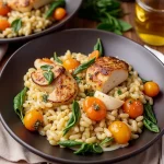 Close-up of a creamy orzo bake featuring chicken and vegetables, highlighting its creamy texture.