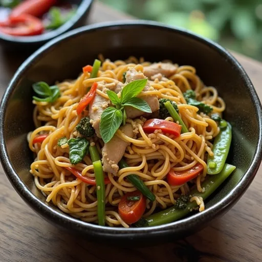 Spicy Thai Comfort in a Bowl: My Go-To Easy Chicken Drunken Noodles Close-up of a colorful dish of chicken drunken noodles with vegetables.
