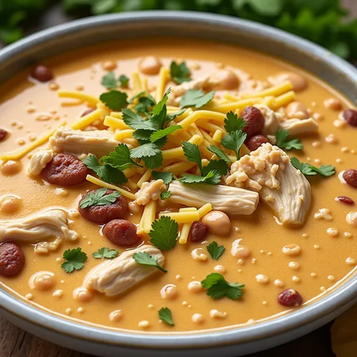 Close-up of creamy chicken chili in a bowl, topped with shredded cheese and green onions.