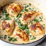 Close-up shot of creamy garlic chicken garnished with fresh parsley.