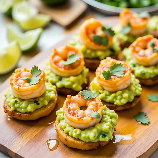 Close-up of colorful shrimp guacamole bites on tortilla chips, garnished with cilantro.
