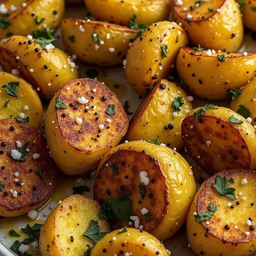 Golden-brown roast potatoes with a crispy exterior and soft interior, garnished with fresh herbs.
