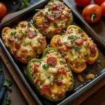 Close-up of stuffed bell peppers filled with rice, beans, and corn, garnished with parsley.