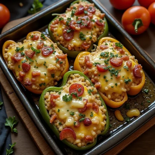 Close-up of stuffed bell peppers filled with rice, beans, and corn, garnished with parsley.