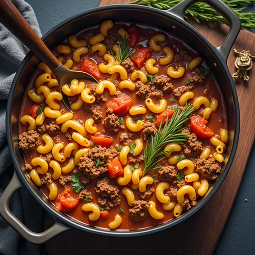 Close-up of a bowl of One Pot Goulash featuring ground beef, elbow macaroni, and melted cheddar cheese.