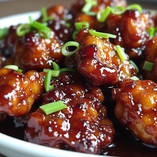 Close-up of sticky honey glazed chicken bites garnished with green onions and sesame seeds.