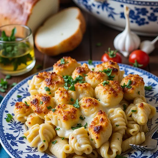 Close-up of a cheesy Garlic Parmesan Chicken Pasta Bake with broccoli and herbs.