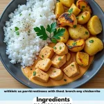 Close-up of creamy paprika chicken served with herb potatoes and fluffy rice.