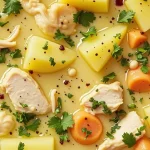 A close-up shot of comforting chicken soup with potatoes, carrots, and herbs in a bowl.