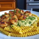 A close-up of twisted pasta coated in a creamy cheesy garlic sauce, garnished with fresh parsley.
