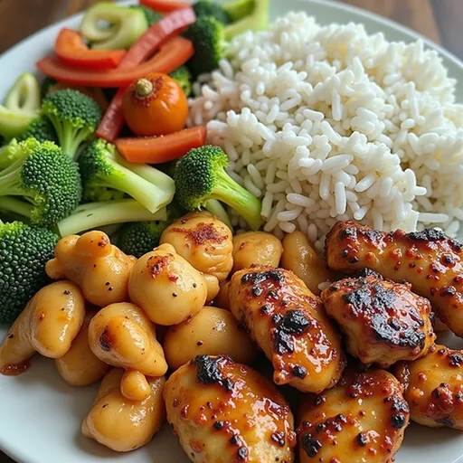 Close-up of a colorful Spicy Chicken & Veggie Rice Plate with vibrant vegetables and diced chicken.