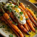 Close-up of roasted carrots topped with whipped ricotta and drizzled with hot honey, with fresh herbs.