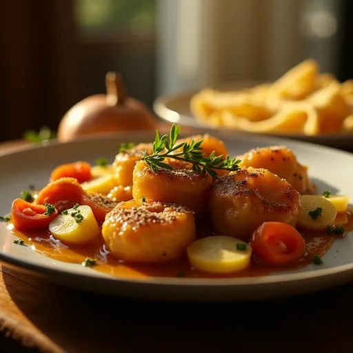 A close-up view of a comforting dish, showcasing its rich textures and colors under warm natural light.