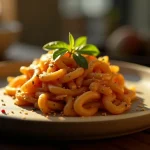 Close-up of a comforting dish featuring vibrant ingredients, soft shadows, and a cozy background.